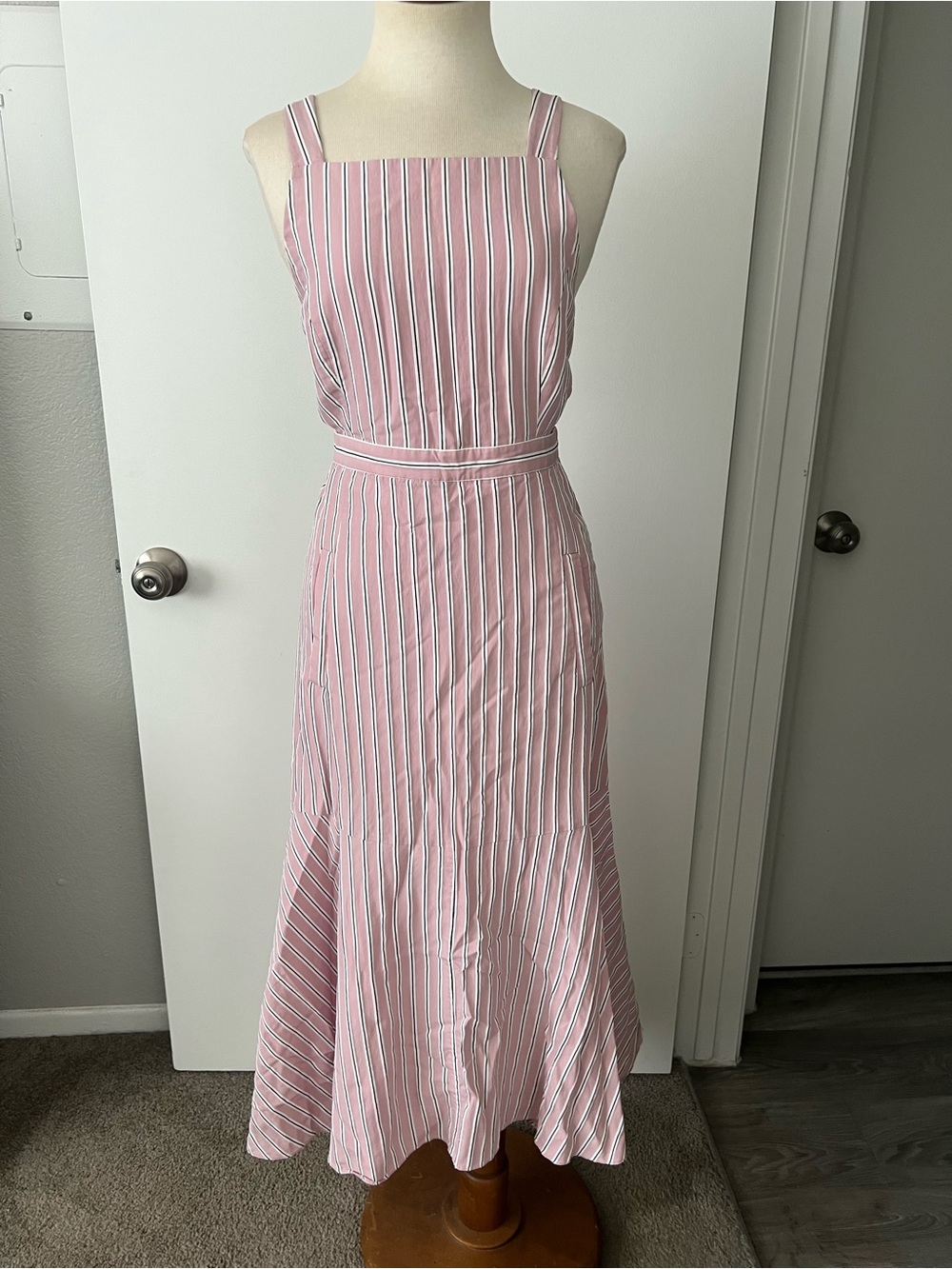 Tibi Pink and White Striped Square-Neck Maxi Dress